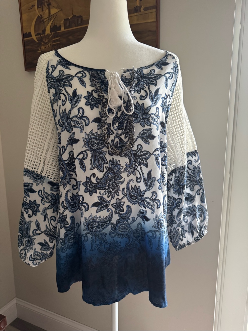 Cato Plus 18/20W Boho Paisley Crochet 3/4 Sleeve Tunic Blouse Tassel Tie NWT